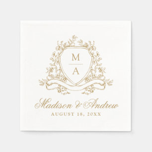 Elegant Gold Floral Crest Monogram Wedding Napkins