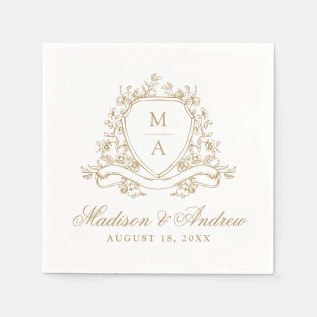 Elegant Gold Floral Crest Monogram Wedding Napkins (Front)