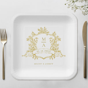 Elegant Gold Floral Crest Monogram Wedding Paper Plates