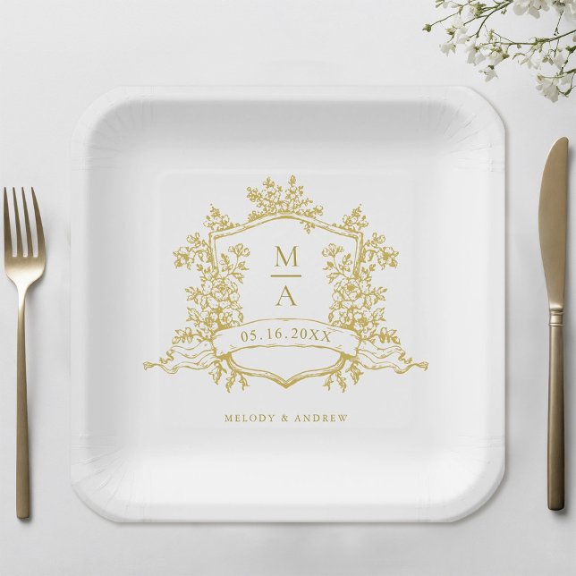 Elegant Gold Floral Crest Monogram Wedding Paper Plates (Creator Uploaded)