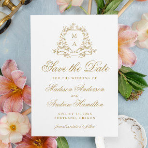 Elegant Gold Floral Crest Monogram Wedding Save The Date