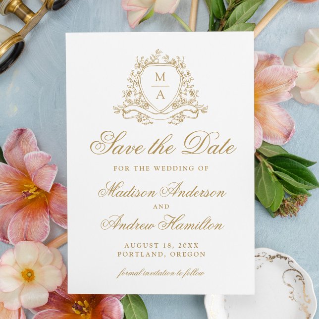 Elegant Gold Floral Crest Monogram Wedding Save The Date (Creator Uploaded)