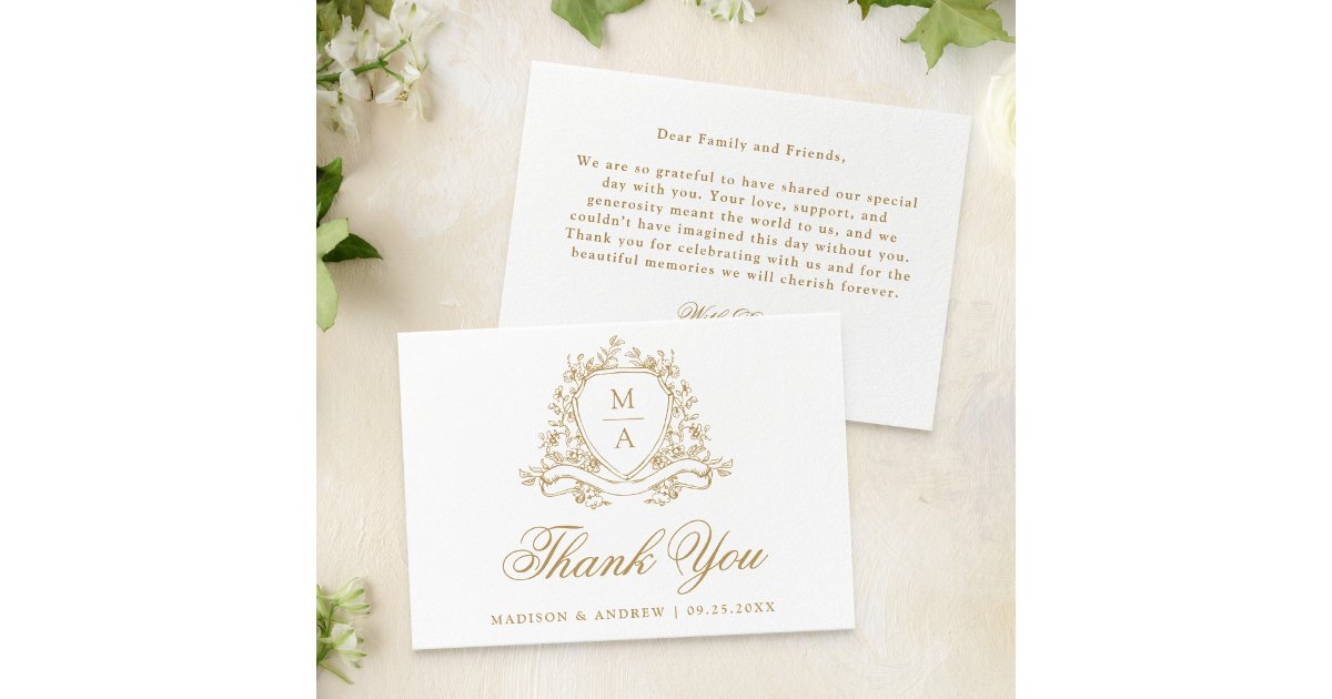 Elegant Gold Floral Crest Monogram Wedding Thank You Card | Zazzle