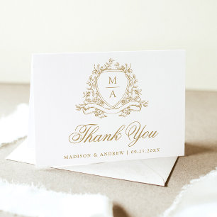 Elegant Gold Floral Crest Monogram Wedding Thank You Card