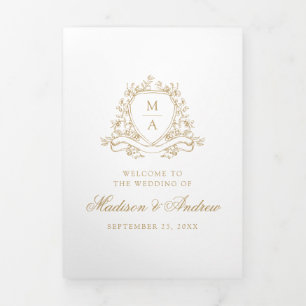 Elegant Gold Floral Crest Monogram Wedding Tri-Fold Program