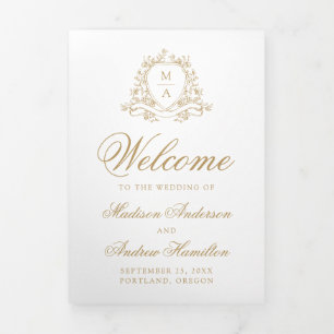 Elegant Gold Floral Crest Monogram Wedding Tri-Fold Program