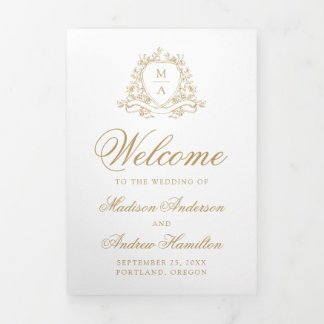 Elegant Gold Floral Crest Monogram Wedding Tri-Fold Program