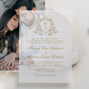 Elegant Gold Floral Crest Monogram Wedding Vellum Invitations