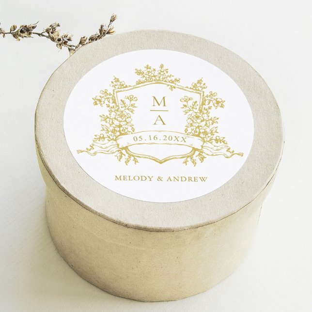 Elegant Gold Floral Crest Monograms Wedding Classic Round Sticker (Creator Uploaded)