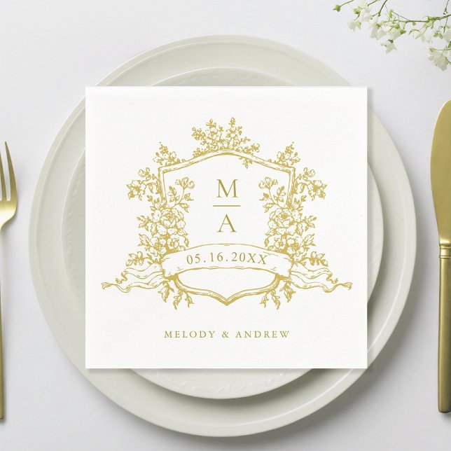 Elegant Gold Floral Crest Monograms Wedding Napkins (Creator Uploaded)
