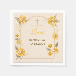 Elegant Gold Floral Cross Baby Baptism paper Napkins