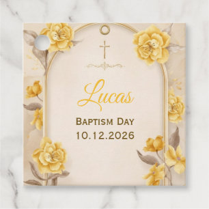Elegant Gold Floral Cross Baby Baptism Square Favor Tags