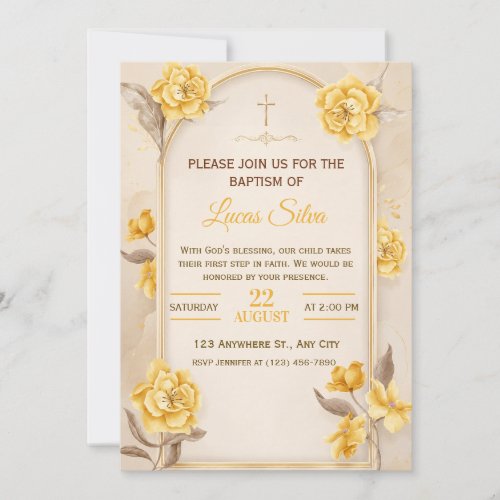Elegant Gold Floral Cross Baptism Invitation