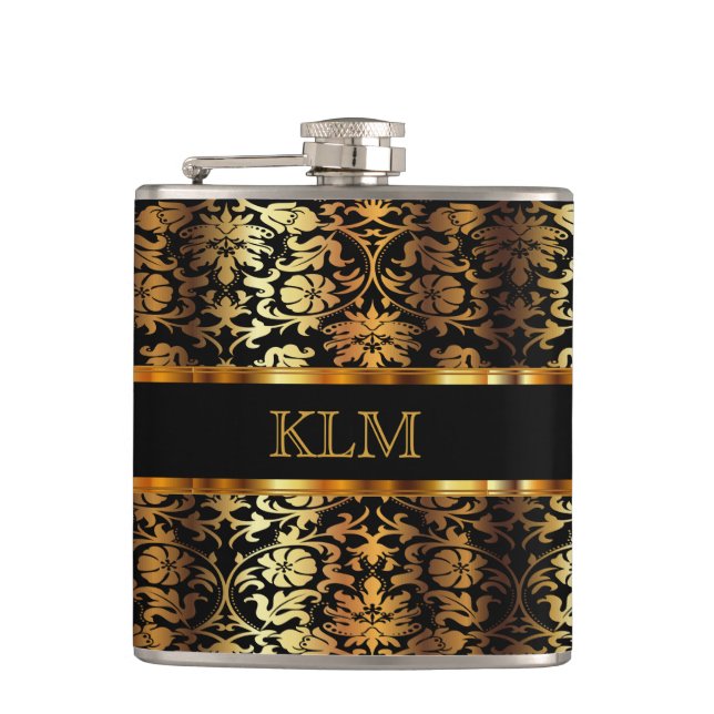Elegant Gold Floral Damask and Black Flask (Front)