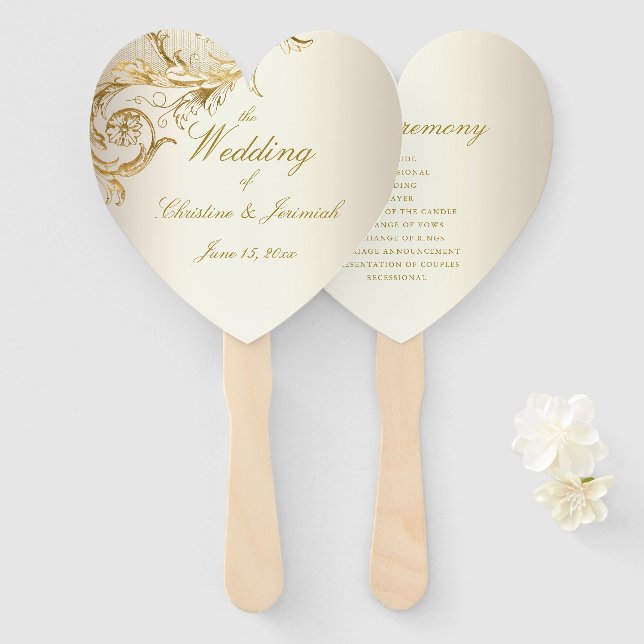 Elegant Gold Floral Damask Elegant Script Wedding Hand Fan (Front and Back)