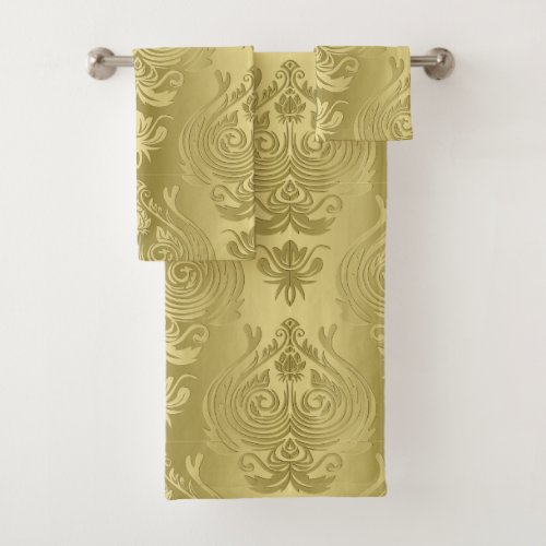 Elegant Gold Floral Damask Print Bath Towel Set