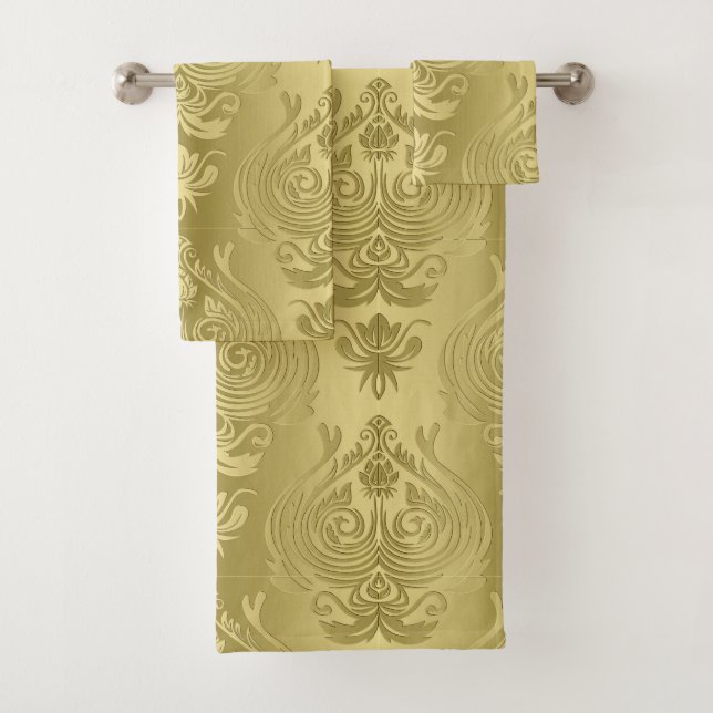 Elegant Gold Floral Damask Print Bath Towel Set (Insitu)