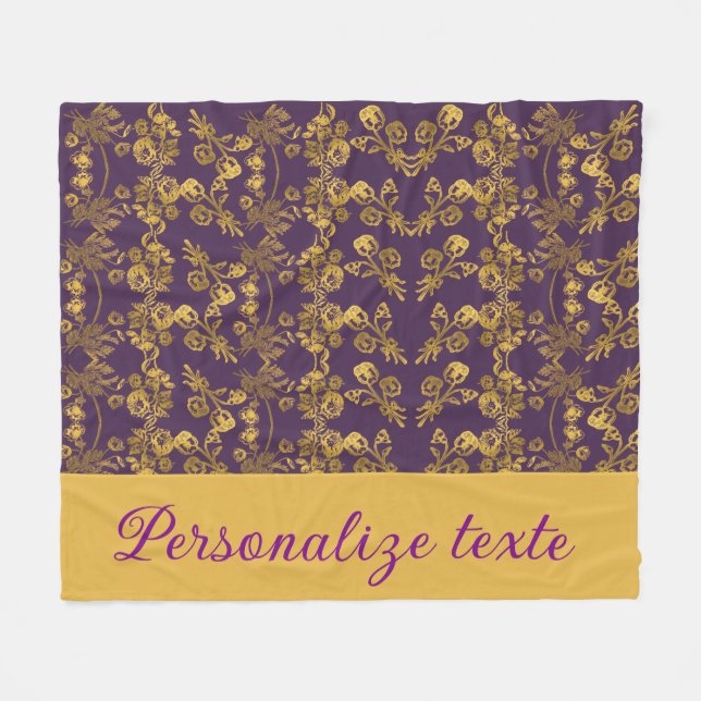 Elegant Gold Floral Damask Royal Purple Custom Fleece Blanket (Front (Horizontal))