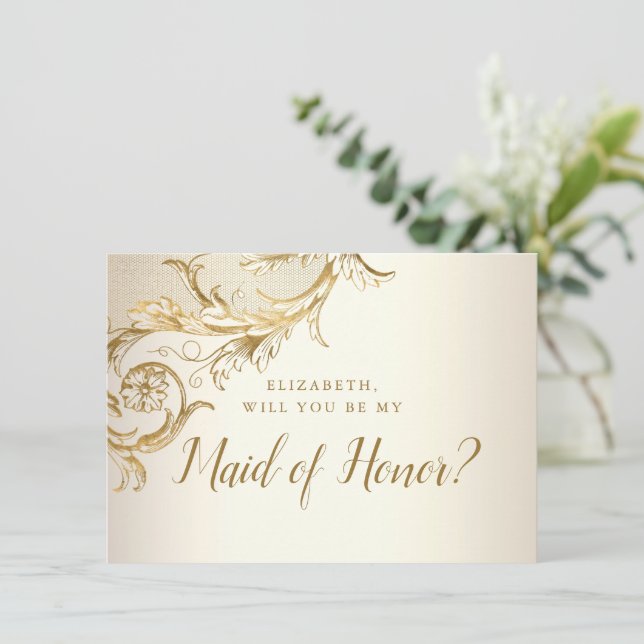 Elegant Gold Floral Damask Script Maid of Honor Invitation (Standing Front)