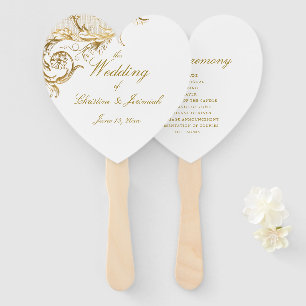 Elegant Gold Floral Damask Script White Wedding Hand Fan