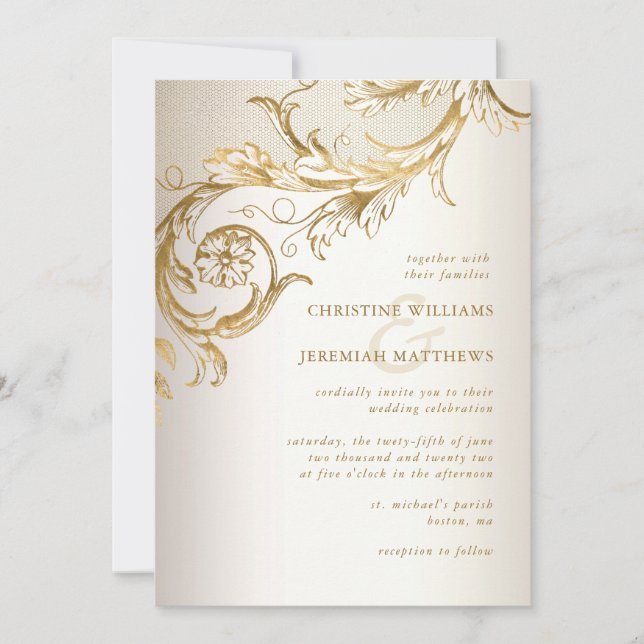 Elegant Gold Floral Damask Shiny Champagne Wedding Invitation (Front)
