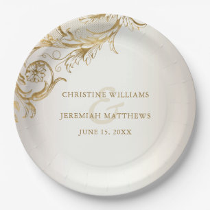Elegant Gold Floral Damask Shiny Champagne Wedding Paper Plates