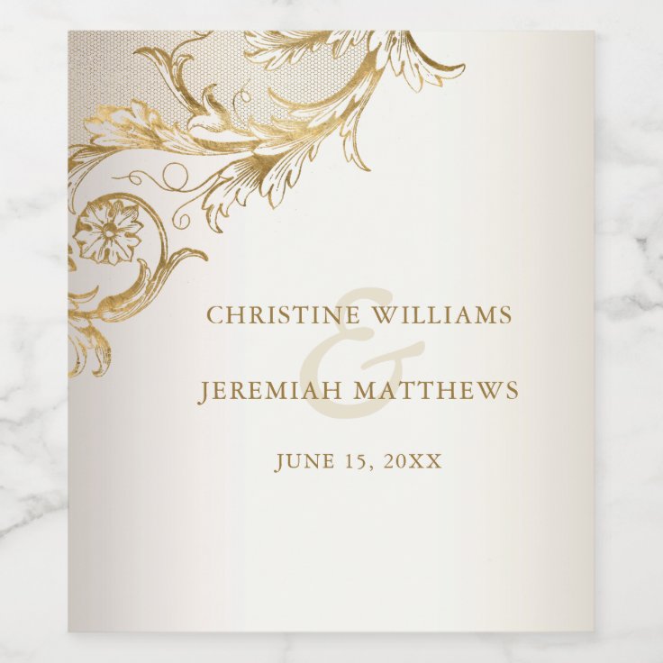 Elegant Gold Floral Damask Shiny Champagne Wedding Wine Label | Zazzle