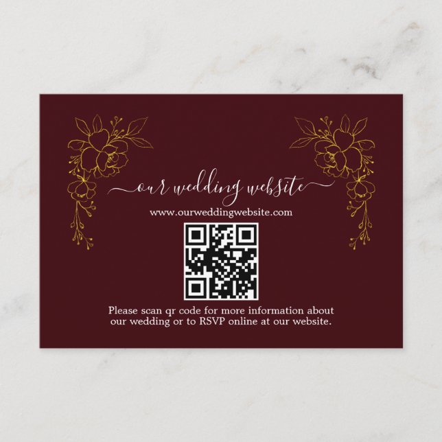 Elegant Gold Floral Deep Burgundy QR Code Wedding  Enclosure Card (Front)