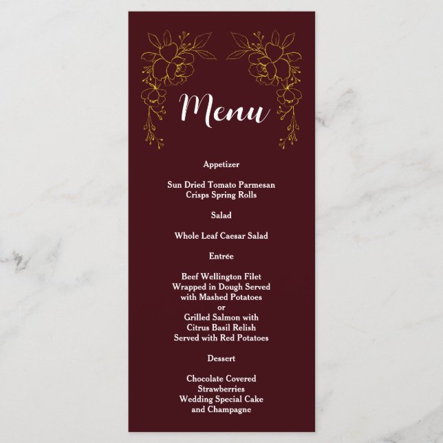 Elegant Gold Floral Deep Burgundy Wedding  Menu (Front)