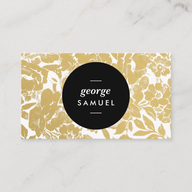 Elegant Gold Floral Design With Bold Black Business Card (Front)