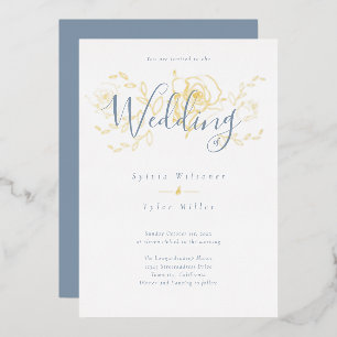 Elegant Gold Floral Dusty Blue Wedding Foil Invitation