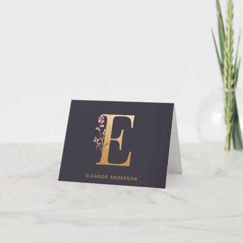 Elegant Gold Floral E Monogram Chic Personalized Note Card