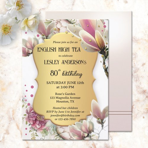 Elegant Gold Floral English High Tea Birthday Invitation