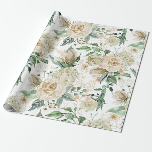 Elegant Gold Floral Etching Creme Watercolor Rose  Wrapping Paper