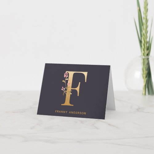 Elegant Gold Floral F Monogram Chic Personalized Note Card