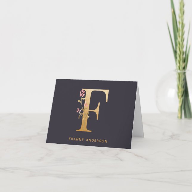 Elegant Gold Floral F Monogram Chic Personalized Note Card (Front)