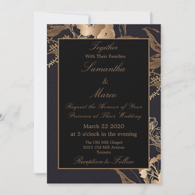 Elegant Gold Floral Faux Metal Wedding Invitation (Front)