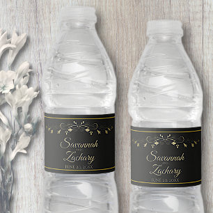 Elegant Gold Floral Flourish Black Wedding Water Bottle Label