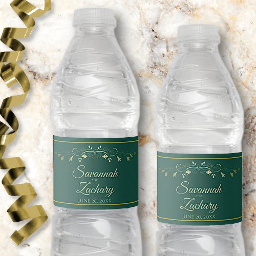 Elegant Gold Floral Flourish Emerald Green Wedding Water Bottle Label