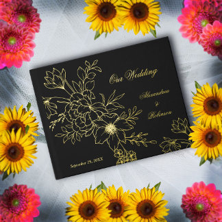 Elegant Gold Floral Flowers Wedding Black Foil Guest Book