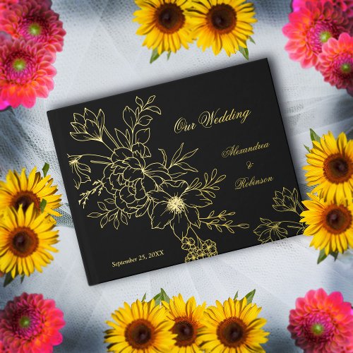 Elegant Gold Floral Flowers Wedding Black  Foil Guest Book