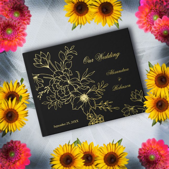Elegant Gold Floral Flowers Wedding Black  Foil Guest Book (Elegant Gold Floral Flowers Wedding Black Guest Book is  great keepsake for guest to sign. )