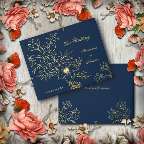 Elegant Gold Floral Flowers Wedding Blue Foil Guest Book