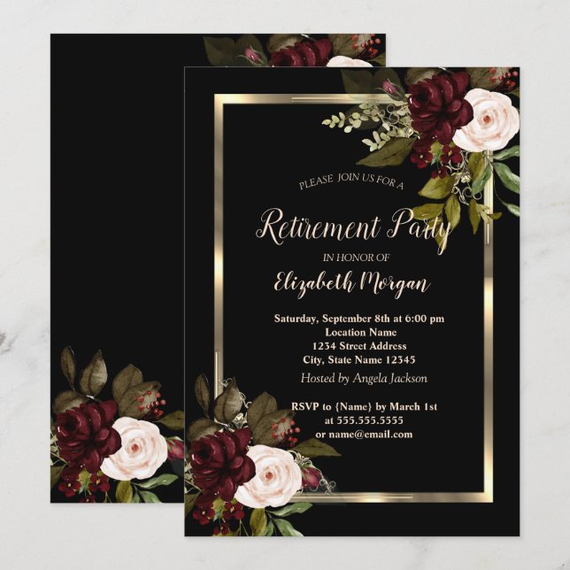Elegant Gold Floral Frame Burgundy Roses Black  Invitation (Front/Back)