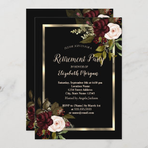 Elegant Gold Floral Frame Burgundy Roses Black Invitation