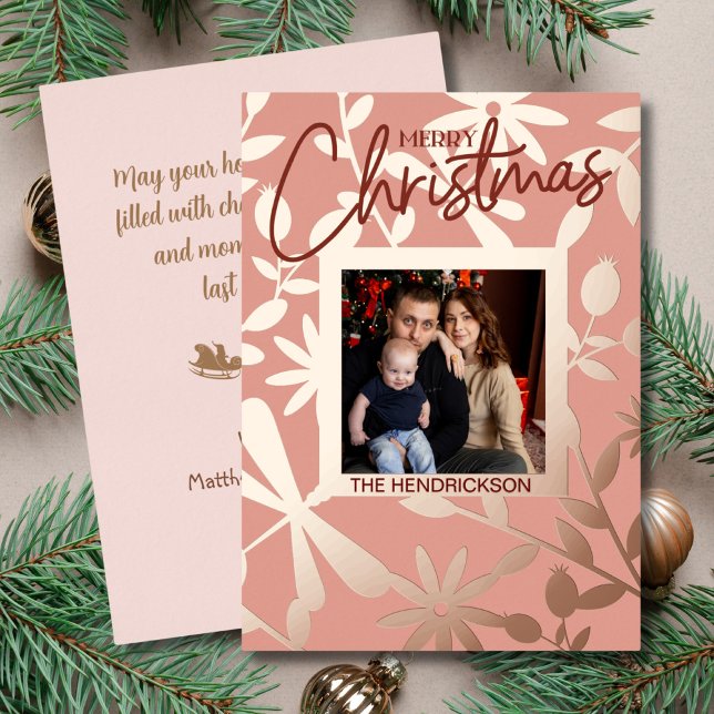 Elegant Gold Floral Frame Christmas Photo Foil Holiday Card (MOCKUP_Elegant Gold Floral Frame Christmas Photo Foil Holiday Card)
