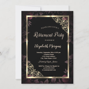 Elegant Gold Floral Frame Dark Flowers Retirement Invitation