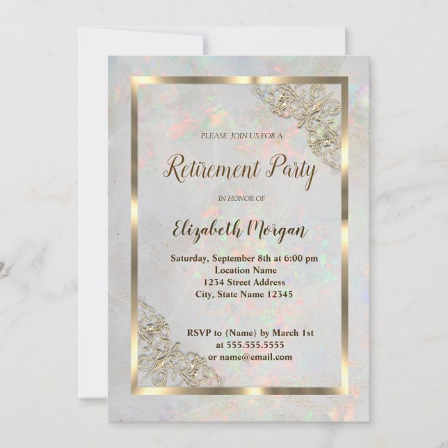 Elegant Gold Floral Frame Holographic Retirement  Invitation (Front)