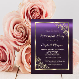 Elegant Gold Floral Frame Purple Retirement  Invitation