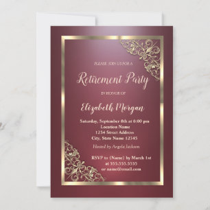 Elegant Gold Floral Frame Red Retirement Invitation
